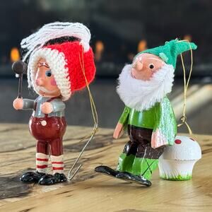 Vtg 1960 Christmas Elf Gnome Mushroom Toy Maker Wood Ornaments Set of 2 Taiwan